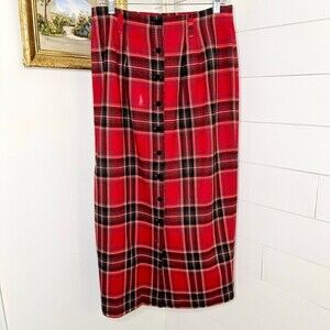 Pine Cove Vintage Red Wallace Tartan Plaid Midi Skirt Button Front Size 8